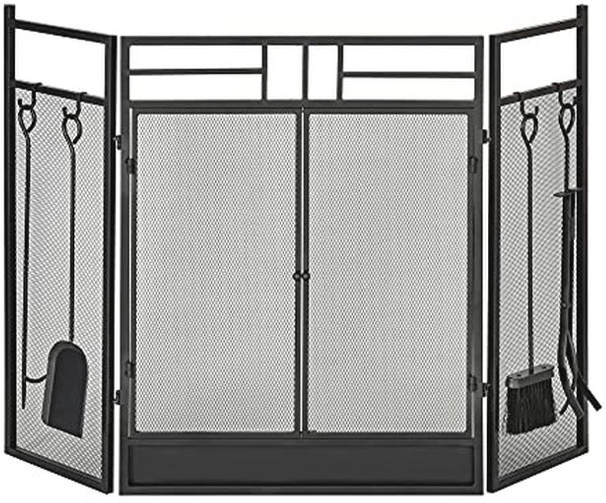 Grote 2-in-1 firewall voor open haard of kachel met accessoires - Zwart metaal