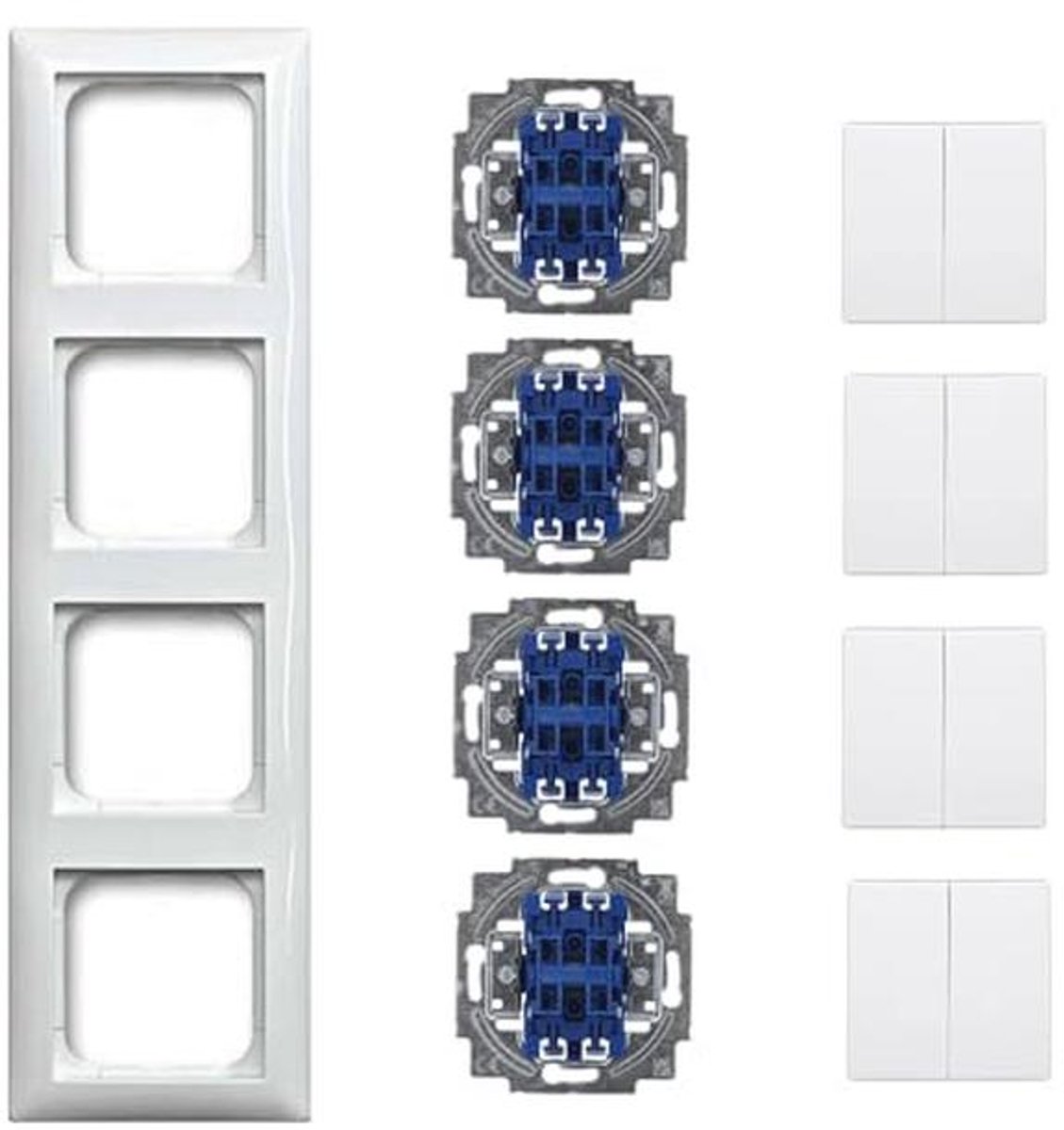 Complete Set Tuimelschakelaars en Wipschakelaars - 4 x 2000/5 US & 4 x 2505-914 met 4-voudig Frame Alpinewit