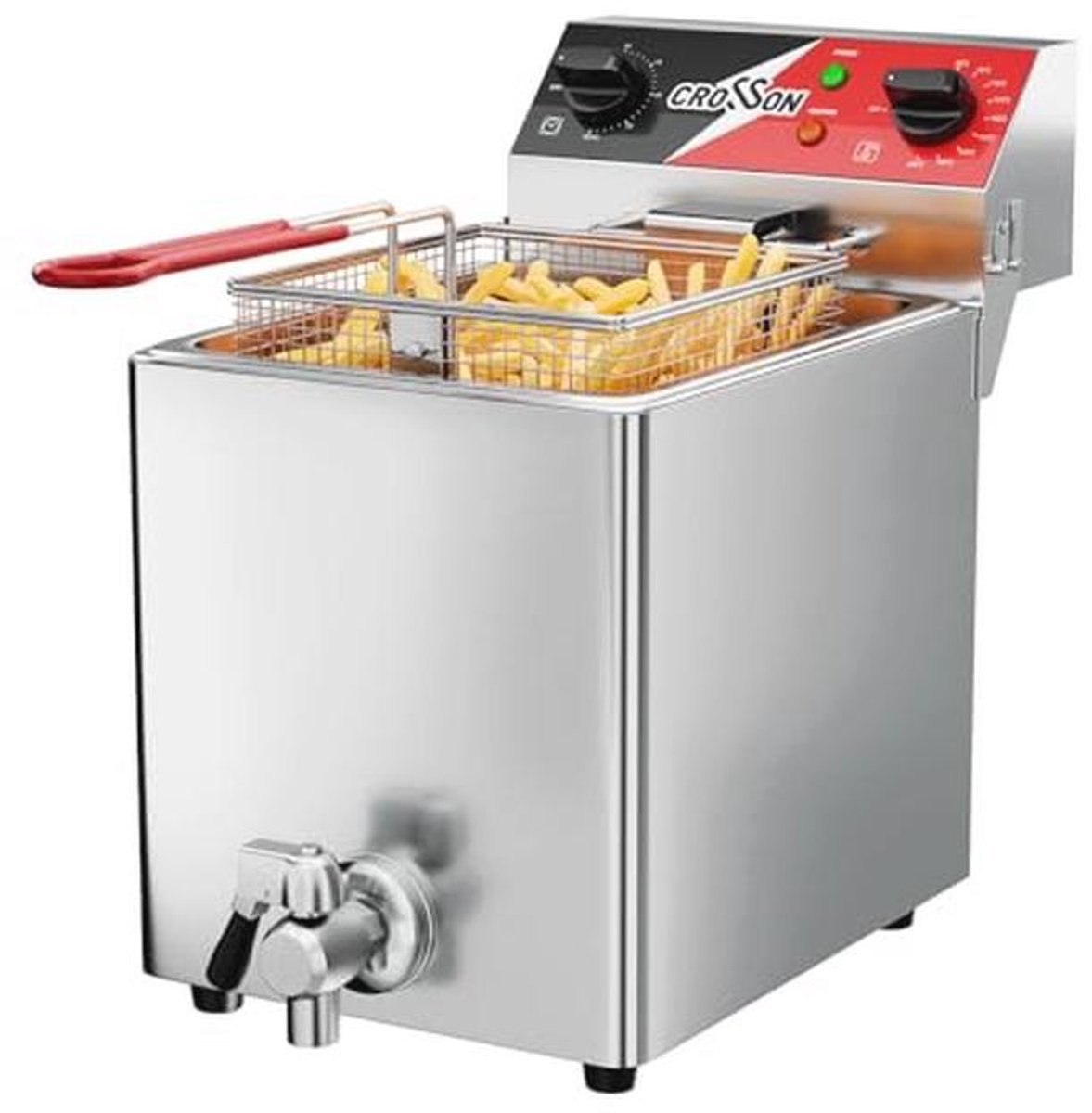 CROSSON Elektrische Friteuse 8L,230V/3250W Elektrische Friteuse met Mand en Deksel,Temperatuurregeling 80-200°C,voor Restaurantkeuken(Afvoersysteem)