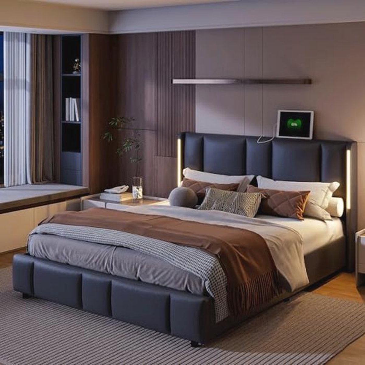 Modern Gewatteerd Bed 160 x 200 cm met Opbergruimte en RGB Verlichting