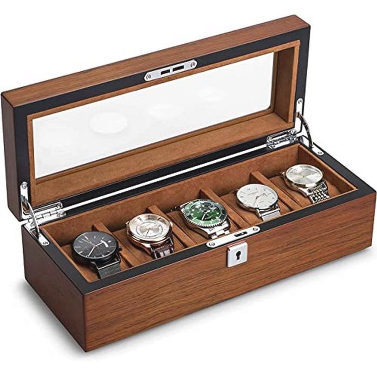Horlogedoos voor 5 horloges met glazen deksel en uitneembare houders - Luxe horlogekoffer en organizer