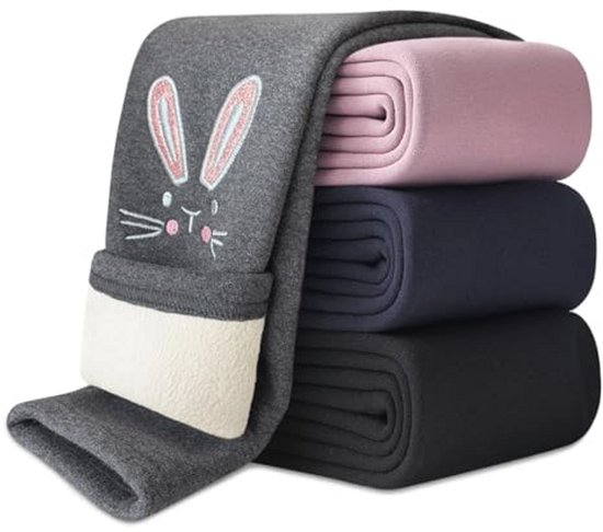 Gevouwen grijze legging met konijnenprint en fleece voering, naast gestapelde roze, donkerblauwe en zwarte leggings.