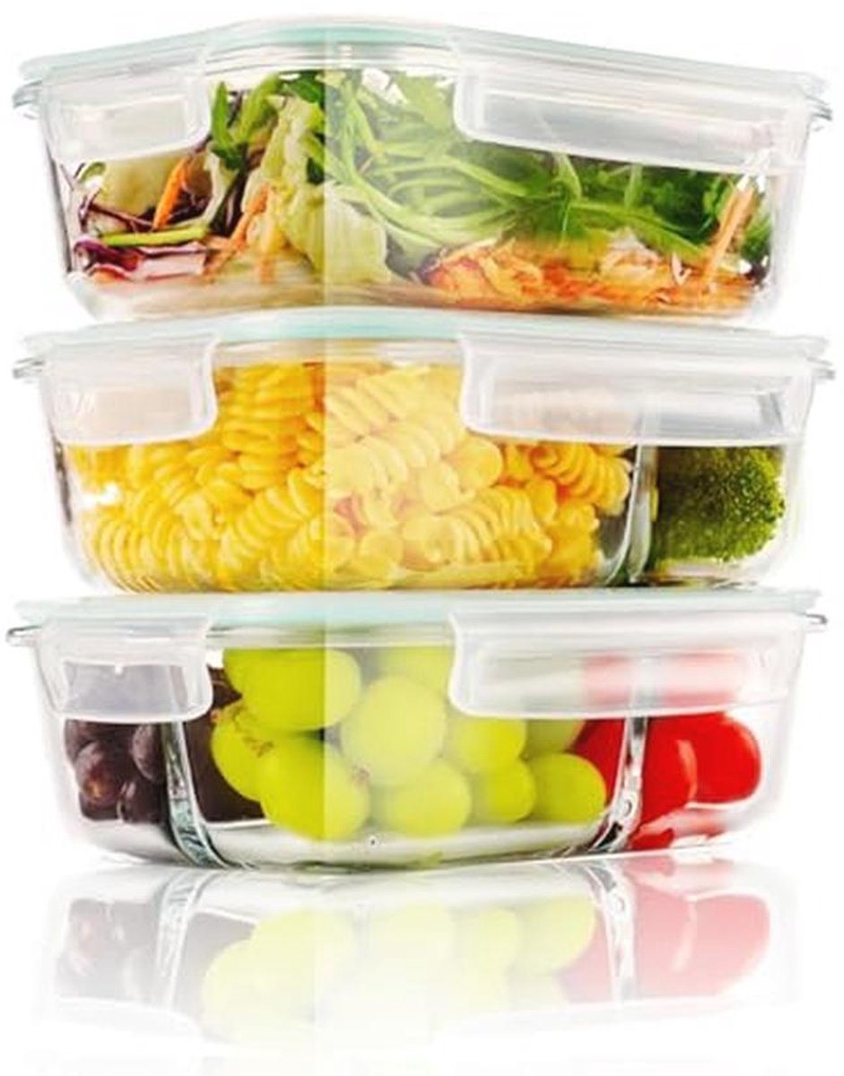 Set van 3 Glas Maalprepdozen - Luchtdicht, BPA-vrij, Vriezer en Oven Bestendig