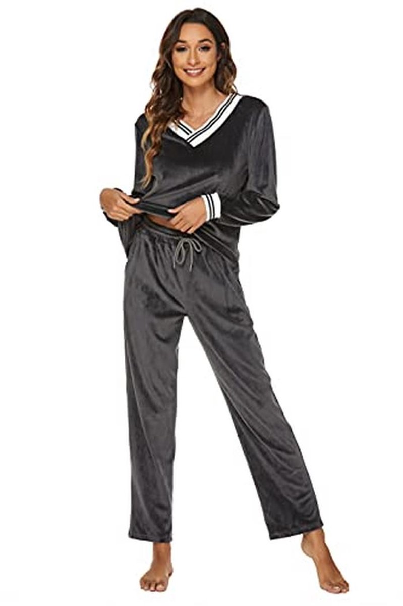 Velours Trainingspak Dames Pyjama Set - Tweedelig Joggingpak met V-hals en Lange Broek, Grijs, Maat S