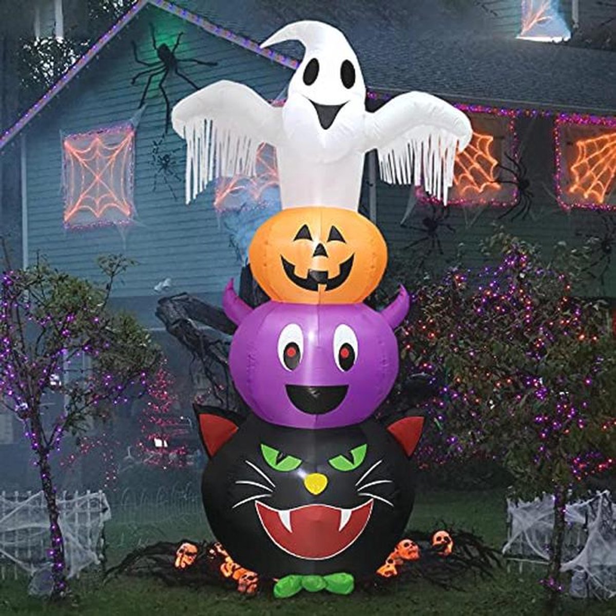 Opblaasbare Halloween Decoratie - 2,4 Meter Gestapelde Spoken, Pompoenen en Vleermuizen met LED-verlichting voor Tuin en Binnen