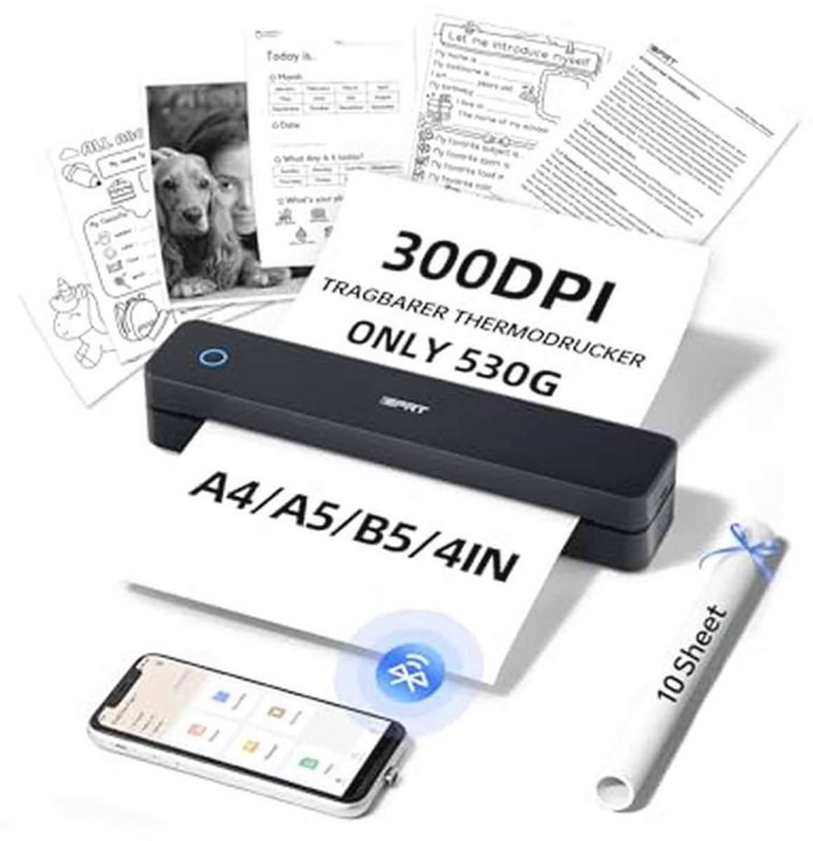 iDPRT MT610pro Draagbare Thermische Printer, 300 DPI - Mobiele Bluetooth voor Onderweg, A4 Geschikt voor Voertuigen, Kantoor, Thuis, School - Compatibel met iOS, Android en Tablet