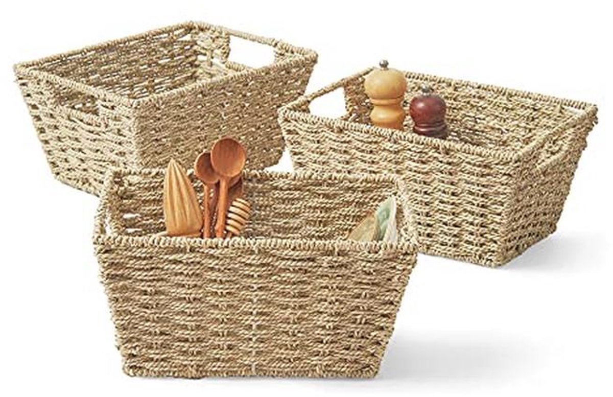 Medium Wicker Storage Baskets - Woven Seagrass Bins for Home Organization
