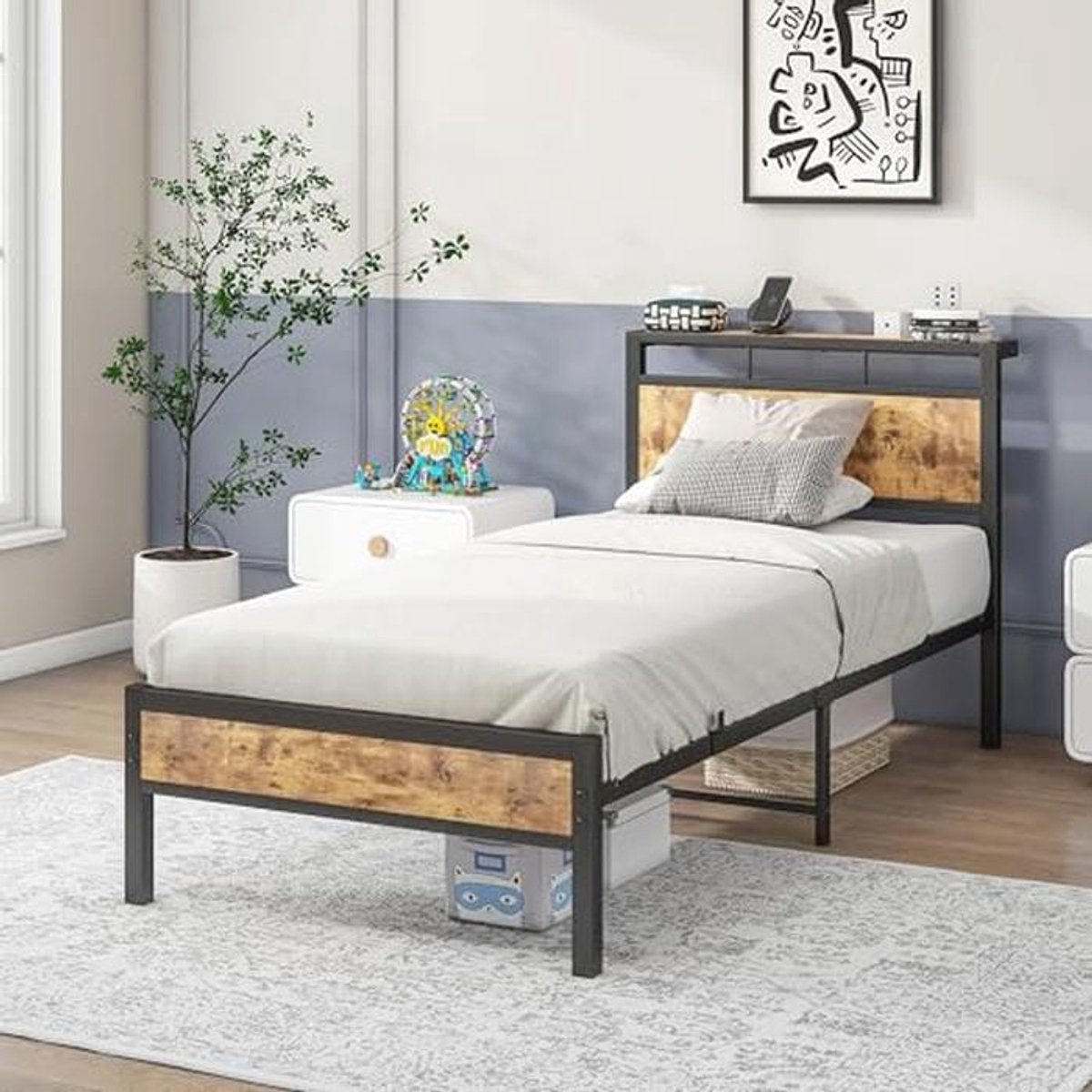 Eenpersoonsbedframe met houten opbergplank en metalen platform - geluidsvrij en sterk