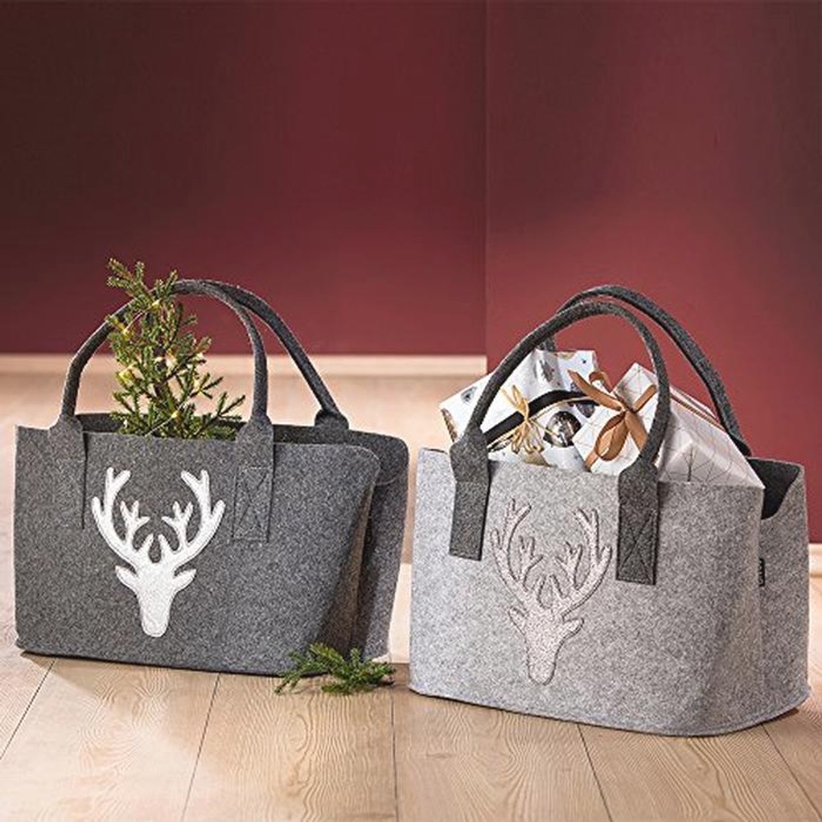 Vilten tas hert glitter grijs met riem voor winkel en opberging
