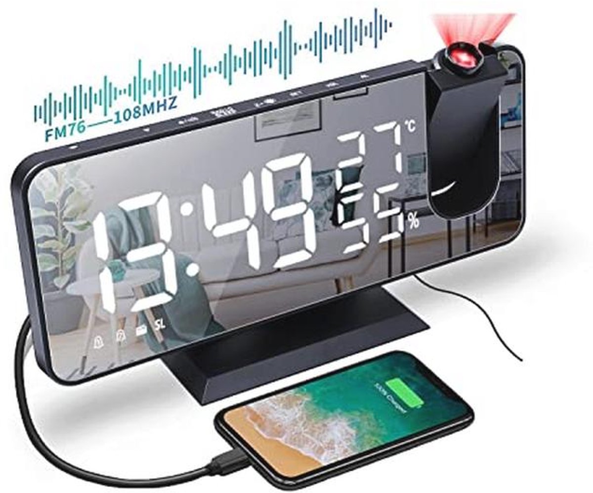 Digitale Projectiewekker met FM-radio en USB-aansluiting - 7 inch LED scherm