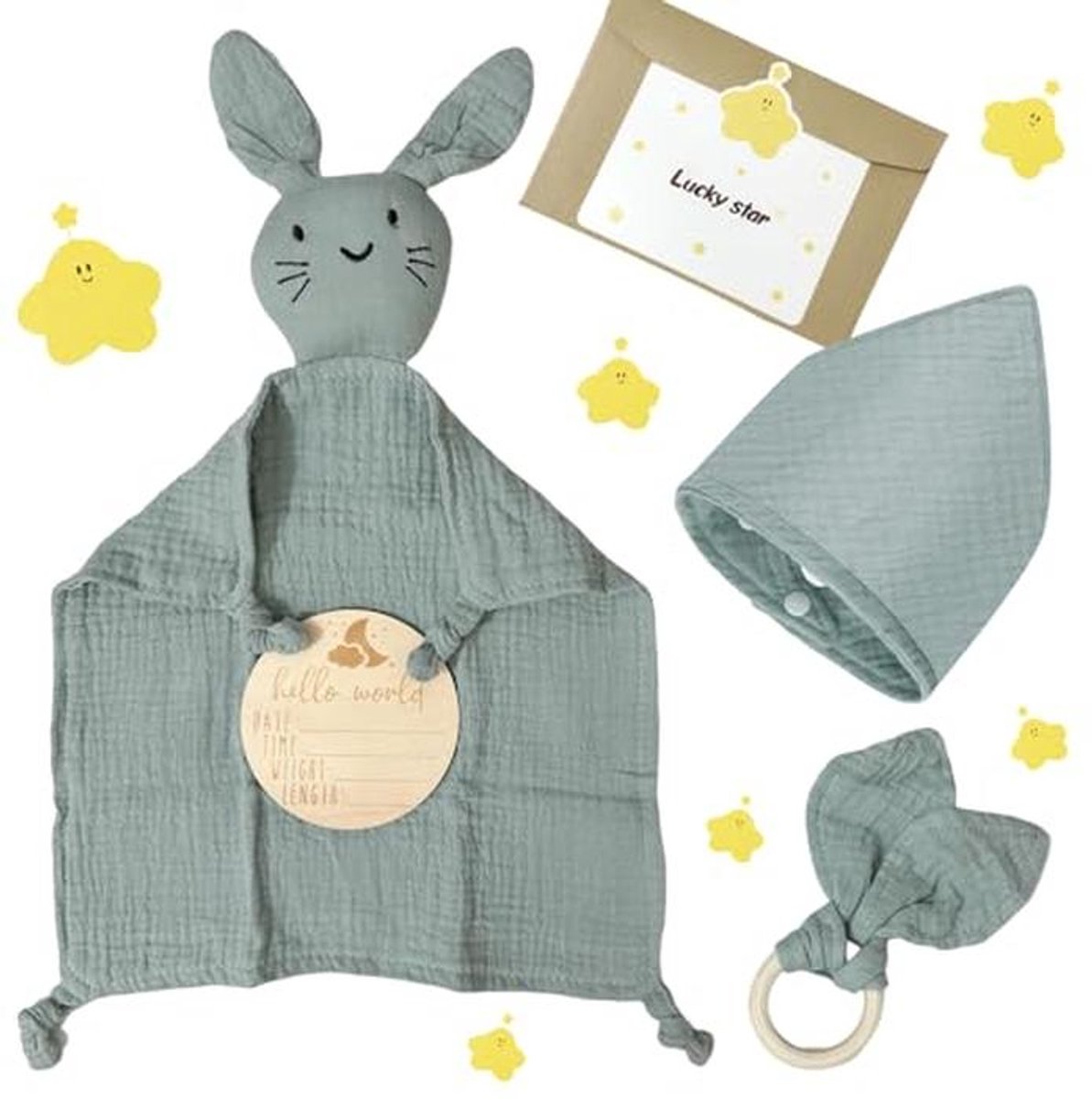Babycadeau voor jongens en meisjes - Cadeauset met knuffeldoek, slabbetje en houten bijtring voor pasgeborenen
