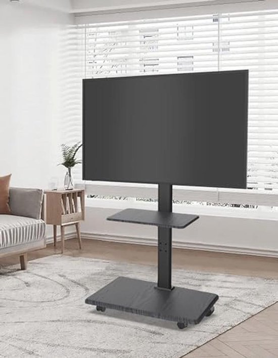 Stellar Mobiele TV-Standaard – Met Houten Plank, In Hoogte Verstelbaar, Zwenkbaar, Op Wielen, Voor 32-70 Inch Tv's Tot 45 Kg, VESA Tot 600x400