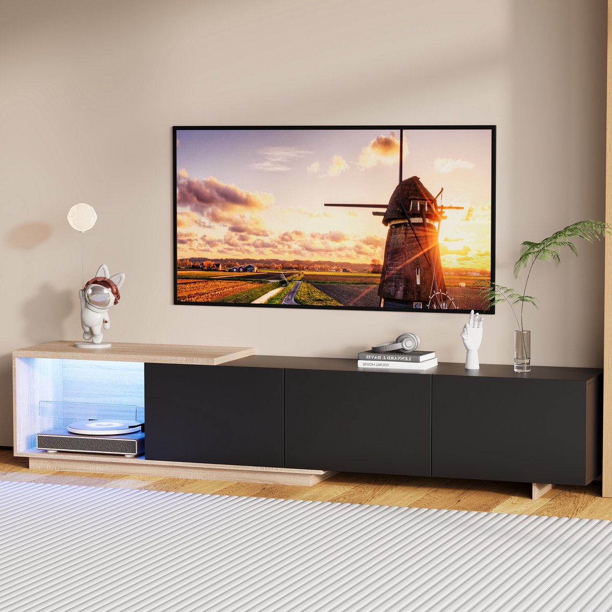 Moderne tv-kast met led-verlichting, tv-tafel met 3 lades, tv-kast van hout, bijzettafel voor in de woonkamer, opbergkast met houtlook, zwart, 240 x 38 x 44 cm (splitsen voor 2 pakketten voor verzending)
