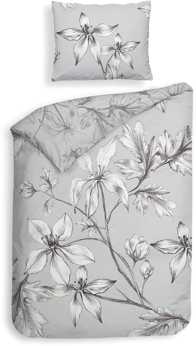 Heckettlane Dekbedovertrek Ketill - Bedlinnen met Bloemen print - 140x200-220 cm - Grijs - Dekbedovertrek van 100% Katoen-Satijn Grey