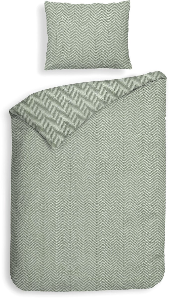 Heckettlane Dekbedovertrek Spina - Effen Bedlinnen - 140x200-220 cm - Eenpersoons - Groen - Dekbedovertrek van 100% Katoen-Flanel Laurel Green