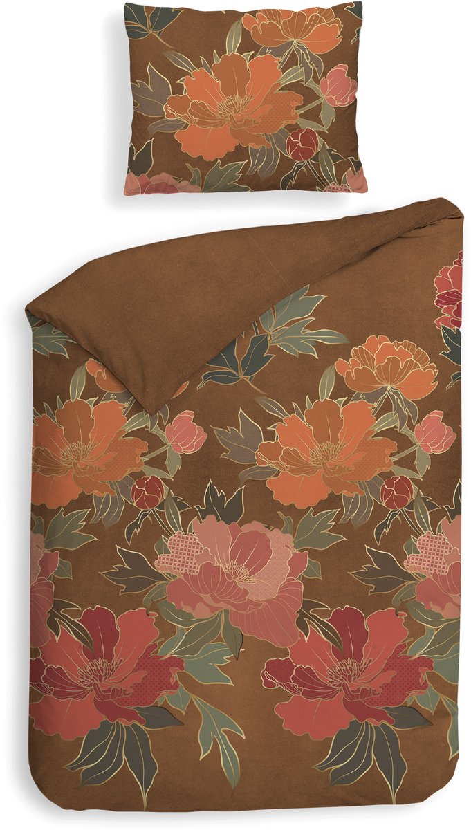 Heckettlane Dekbedovertrek Francesco - Bedlinnen met Bloemen print - 140x200-220 cm - Oranje - Dekbedovertrek van 100% Katoen-Flanel Orange