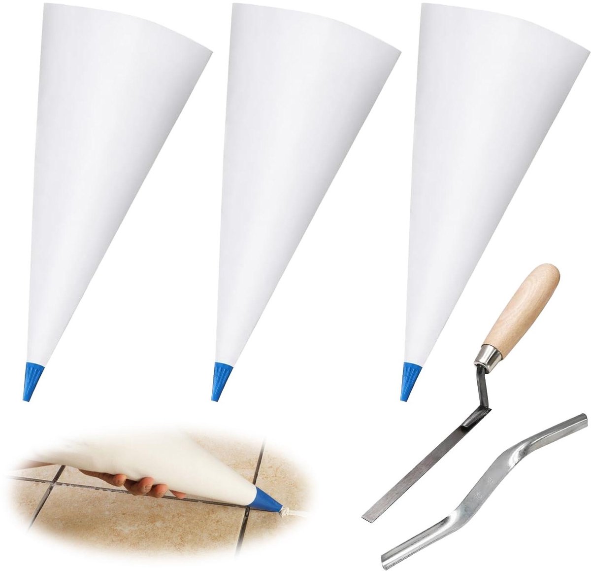 Mortelzakken - Set van 3 stuks met troffel en nivelleergereedschap - Herbruikbaar - Voegenvulzak voor nauwkeurig voegen - Geschikt voor tegels - Gemakkelijk te reinigen - Wit - Gemiddelde grootte