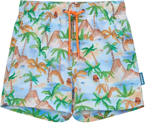 Lichtblauwe zwembroek met tropische print, oranje trekkoord en blauw label.