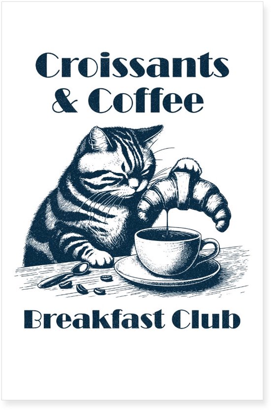 Illustration en noir et blanc d'un chat trempant un croissant dans une tasse de café. Texte 'Croissants & Coffee Breakfast Club'.