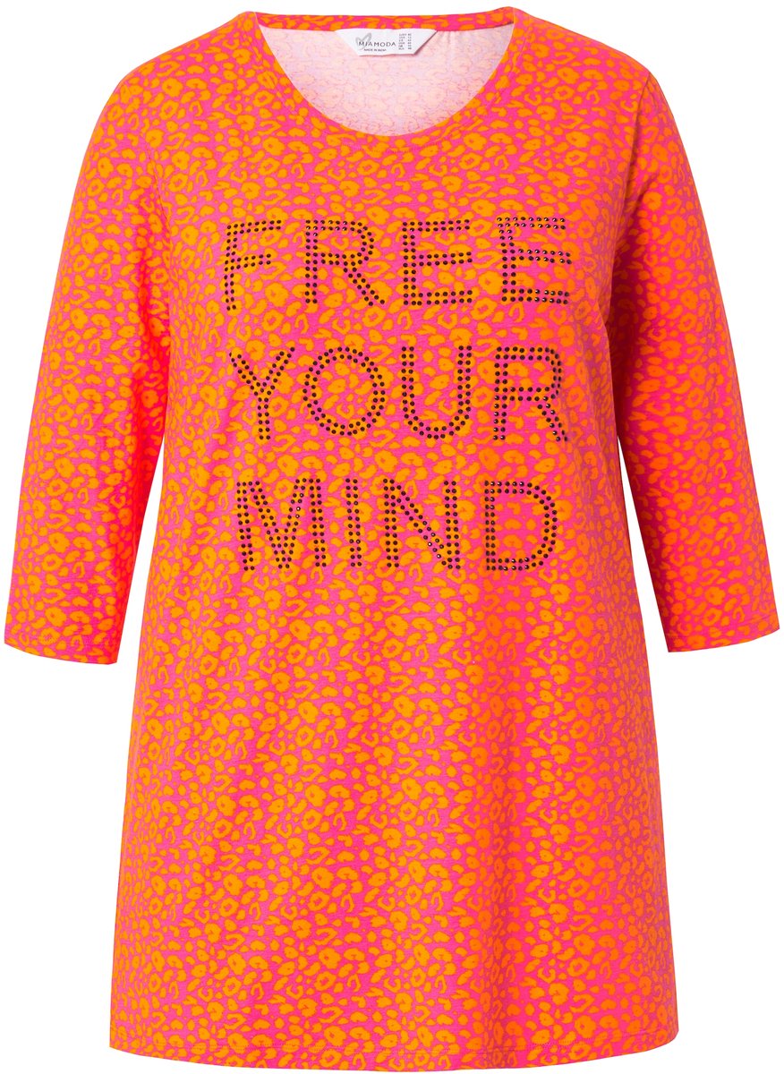 MIAMODA - Dames - Longshirt luipaardpatroon glitterstatement 3/4-mouw - Oranje - Maat 48