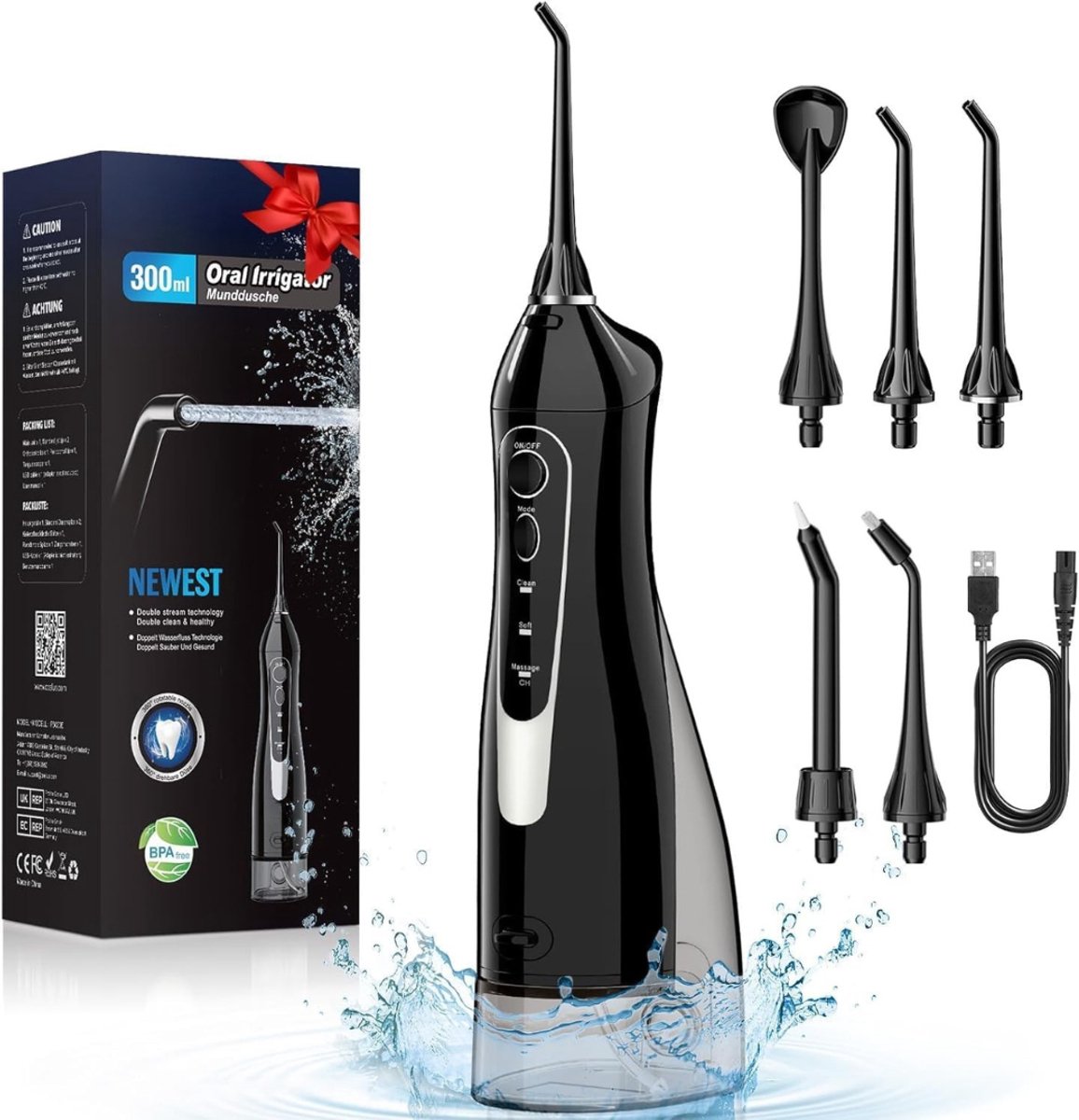 Irrigator Dental - Draadloze Elektrische Monddouche - 300 Ml Waterreservoir - Testwinnaar 2025 - Waterdicht Voor Liefhebbers Van Mondhygiëne - Dagelijkse Grondige Reiniging - Reiniging Op Reis - 5 Multifunctionele Functies