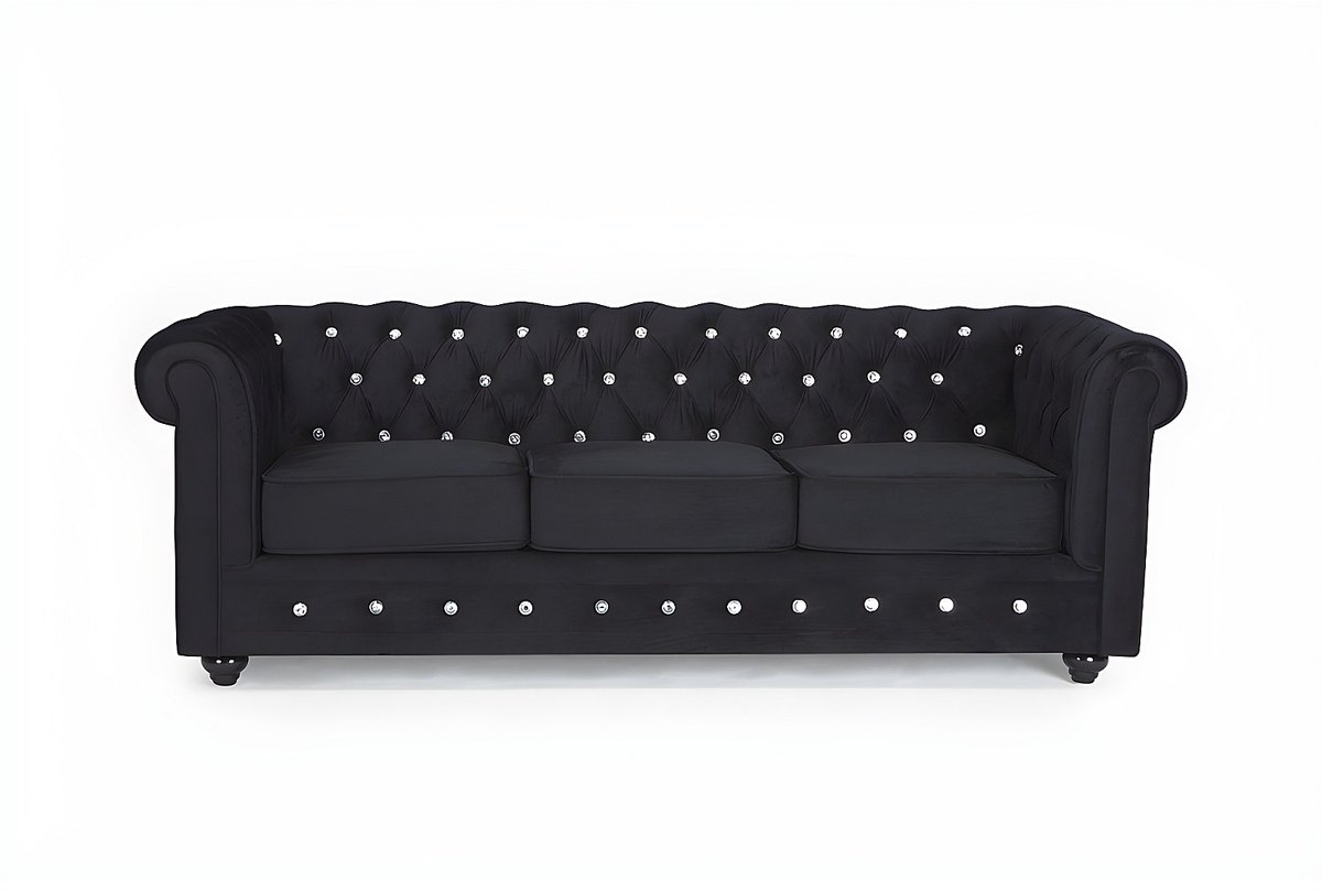 Vente-unique Driezitsbank CHESTERFIELD - velours - zwart met kristallen knopen