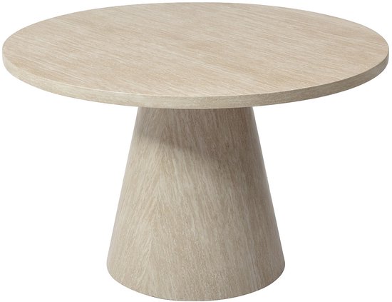 Lichtbeige ronde tafel met conische poot, van voren gefotografeerd.