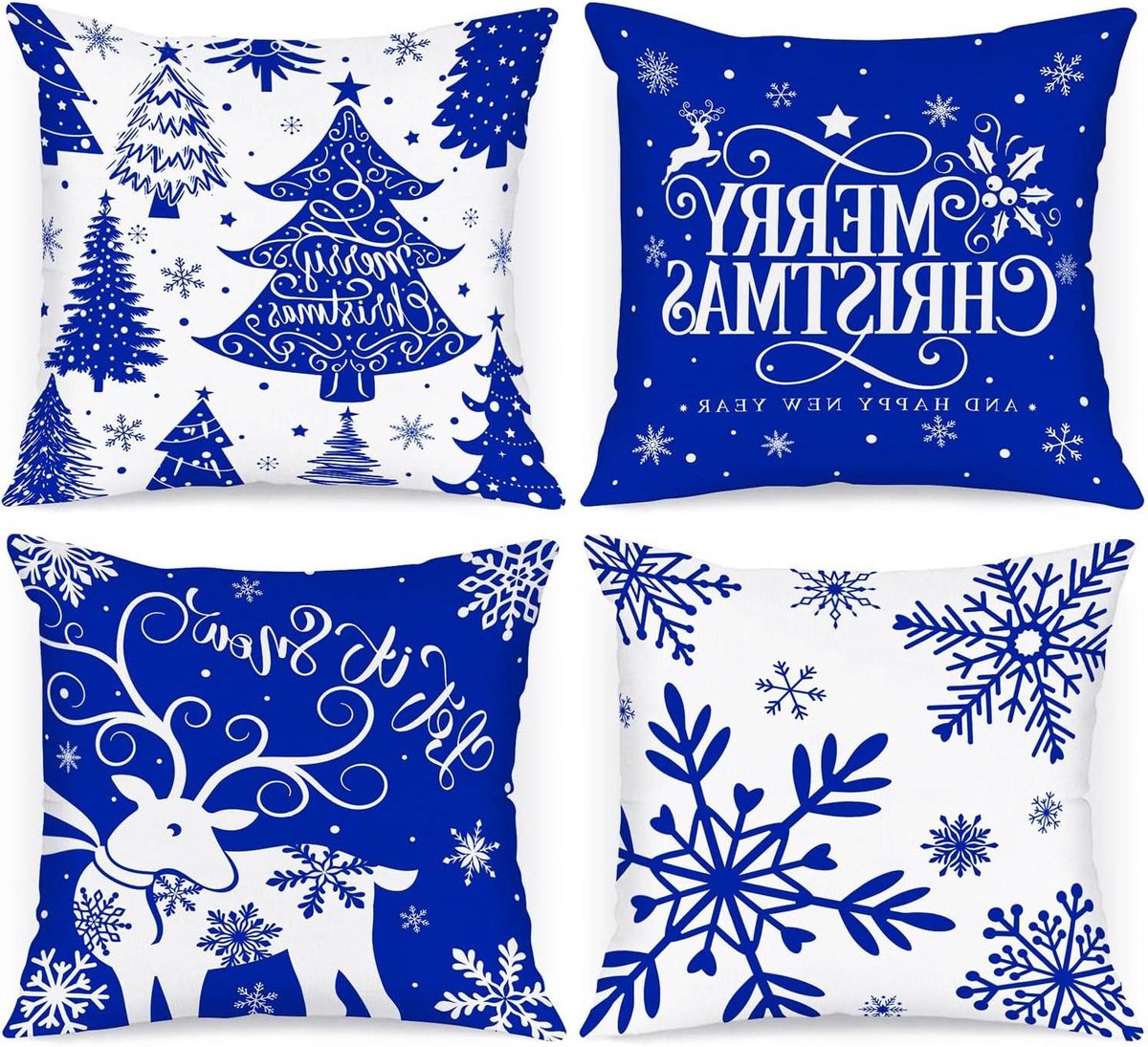 Cosensi Kerstkussenslopen set van 4 stuks, winter decoratieve vakantie kussensloop, 45 x 45 cm, kerstdecoratie, donkerblauw. Any