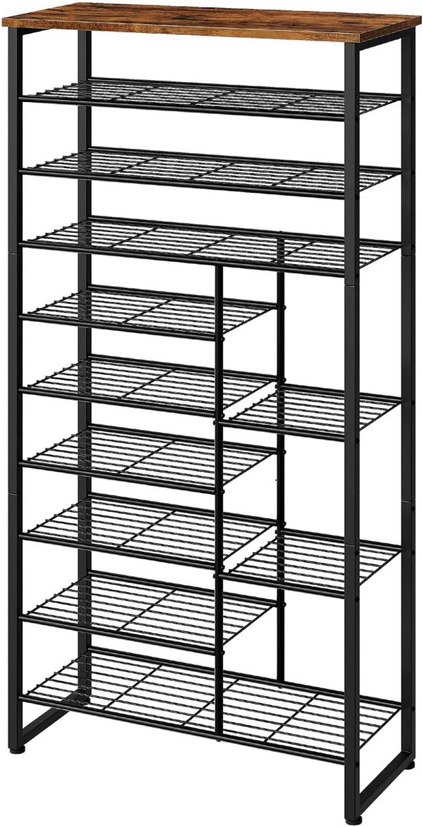 Cosensi Schoenenrek met 10 niveaus, 10 planken, vrijstaande schoenenorganizer voor 27-30 paar schoenen - hal, slaapzaal - rustiek bruin en zwart Any