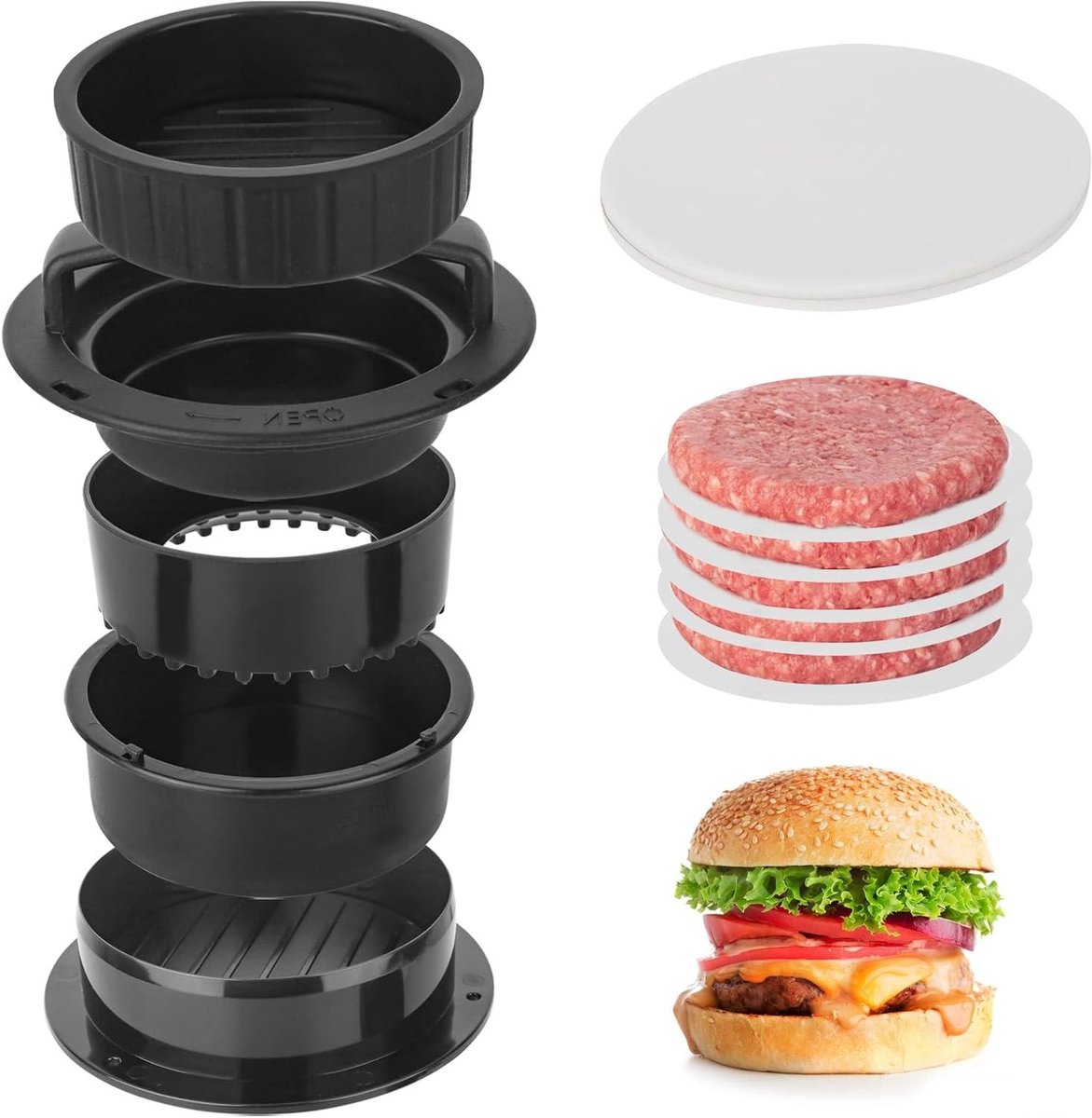 Cosensi - 4-in-1 hamburgerpers voor gevulde hamburgers en sandwichesnijder met 100 waspapierschijven