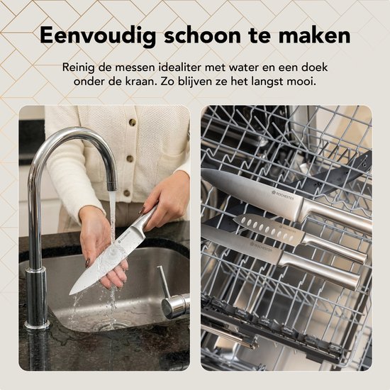 Een persoon wast een mes af onder de kraan, en dezelfde set messen ligt in de vaatwasser.