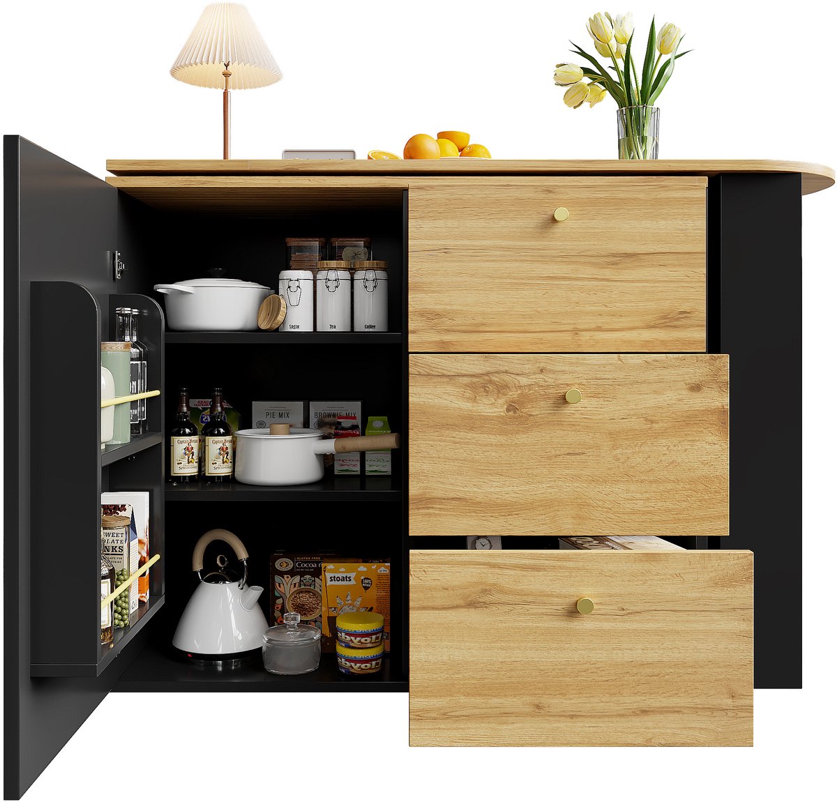 Uittrekbaar barblad met opbergruimte (138-204×39×104cm), 360° draaibare eettafel, moderne verrijdbare bartafel, keukeneiland hogere tafel, bistrotafel, sideboard met houtnerftekening-zwart