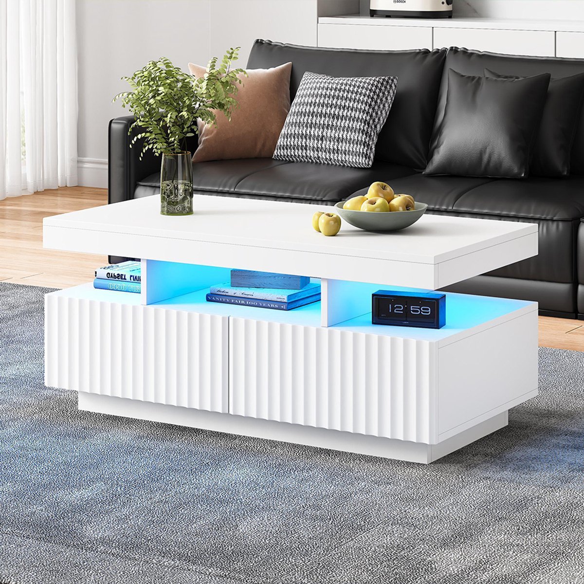 BLACKCOLORS Salontafel 100 x 50 x 45 cm met twee lades, vacuümgevormde salontafel met verticale strepen, salontafel, salontafel met LED-lichtstrip, wit