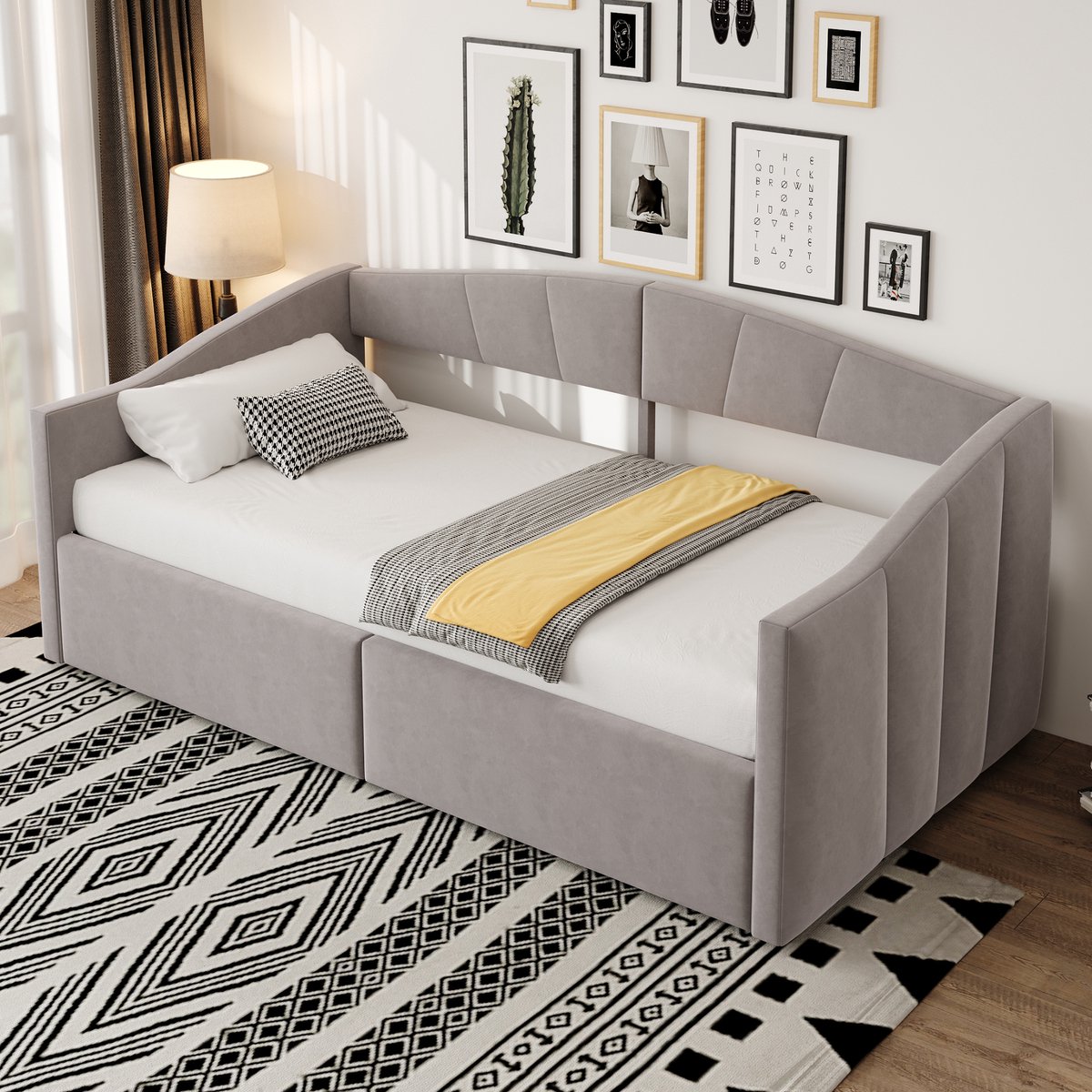 HAUSS SPOLE Gestoffeerd Bed 90x200 cm - Met Hydraulische Opbergruimte En Lattenbodem - Voor Gastenkamer - Fluweel - Lichtgrijs - Zonder matras