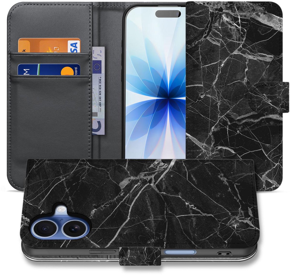 Marmer Zwart Luxe Book Case Apple iPhone 17