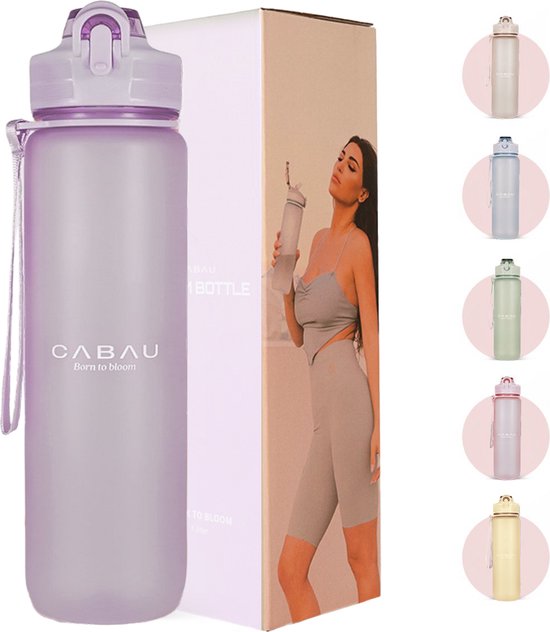 Cabau Bloom Waterfles / Drinkfles - 1 liter - Silky Lavender - Handige drinktuit & unieke maataanduiding - BPA- & Lekvrij - Drinkfles met rietje volwassenen - Drinkfles volwassenen - Drinkfles 1 liter - Verschillende drinkflessen - Cadeau voor haar