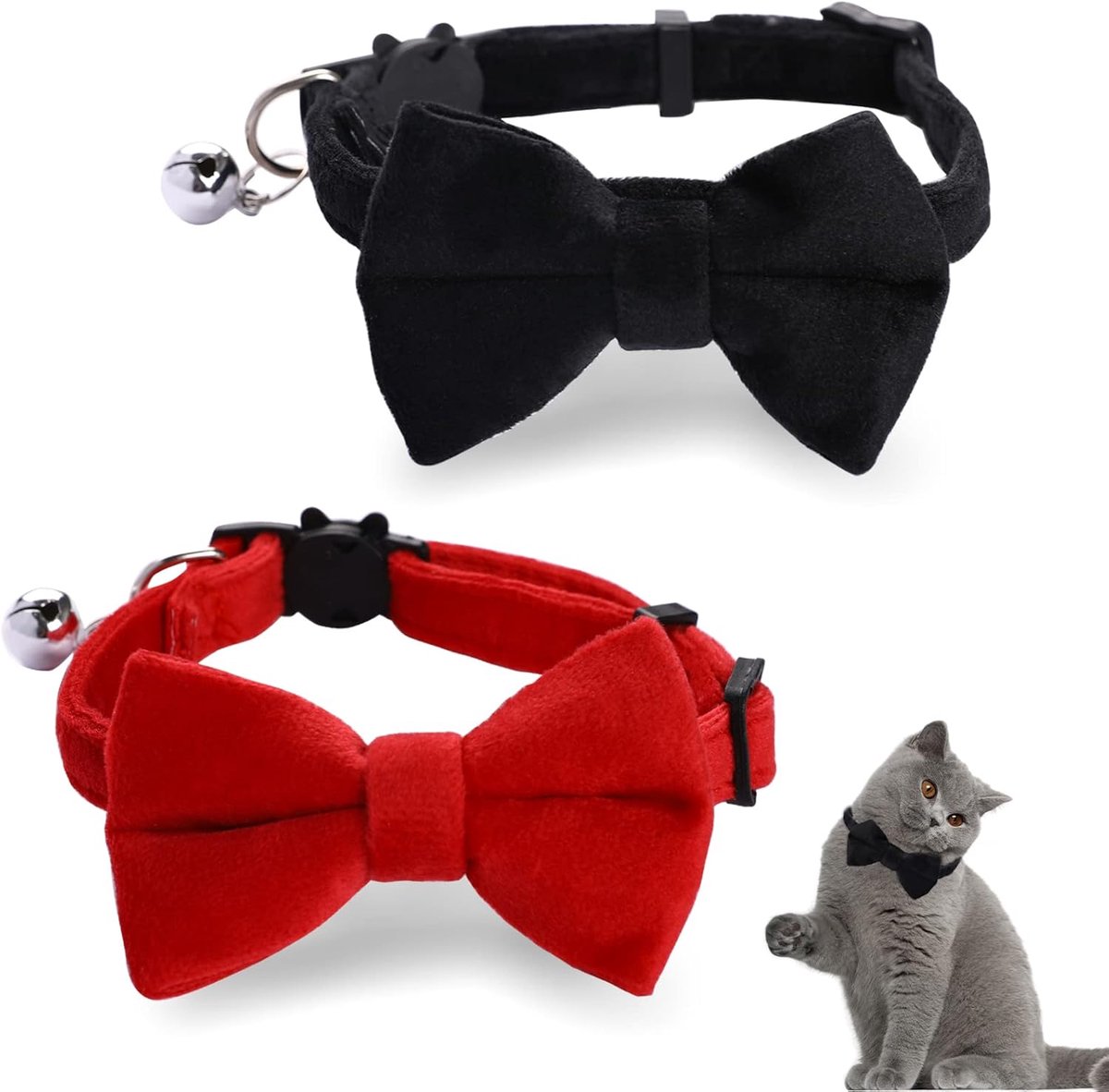 Daity 2-delige set - Fluweelzachte kattenhalsband met belletje en strikje - verstelbare veiligheidssluiting - veiligheidsstrikje voor kittens/kleine honden - effen kleur - basiskleur voor een bruiloft - kattenhalsband met strikje