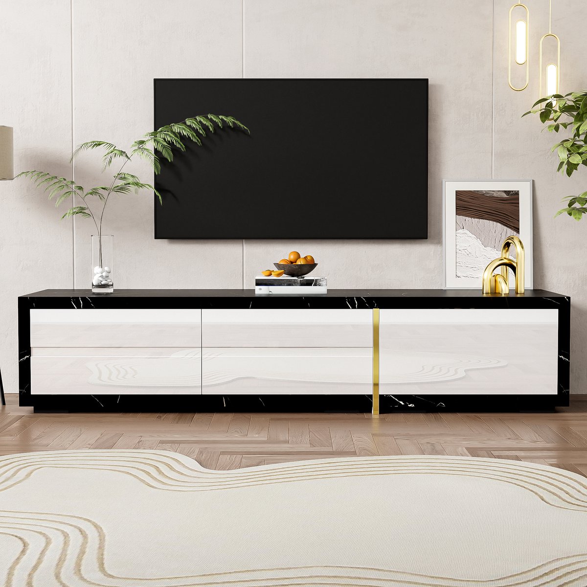 Wishdor Tv-Meubel Met Variabele Lengte En Draaifunctie - Zwart Marmerlook En Wit Hoogglans Mat - Gouden Details - 140-260 Cm Zwart+marmer+wit