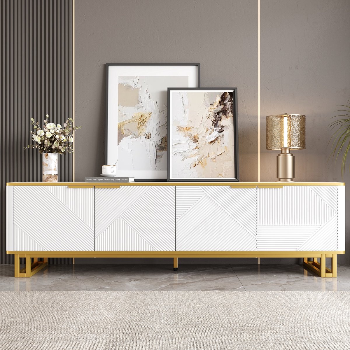Wishdor Tv-Meubel - Geometrische Reliëf Deuren - Met Kabeldoorvoer - Metalen Frame - Mdf - Wit En Goud - 160 X 37,5 X 48 Cm