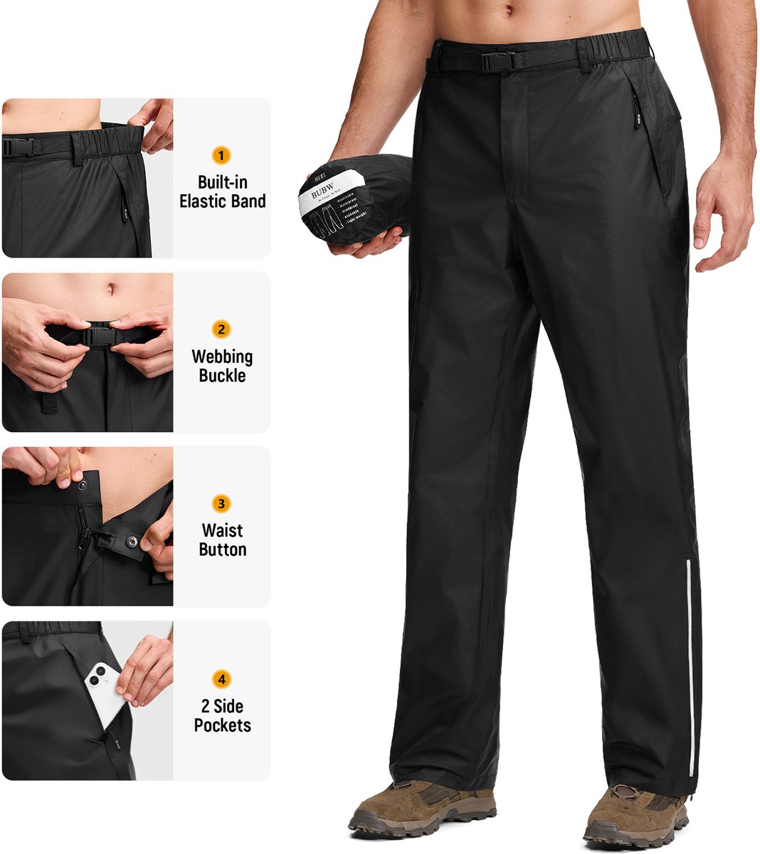 BUBW® Regenbroek Heren & Dames - Zeer Waterdicht - Waterkolom 5.000 - 5.000 g/m² Ademend Vermogen - Regenbroek met Rits - Inclusief Opbergtas - Maat XXL - Zwart