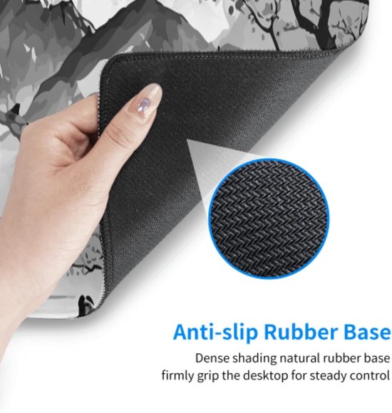 Hand die de antislip rubberen onderkant van de muismat met inkttekening toont.