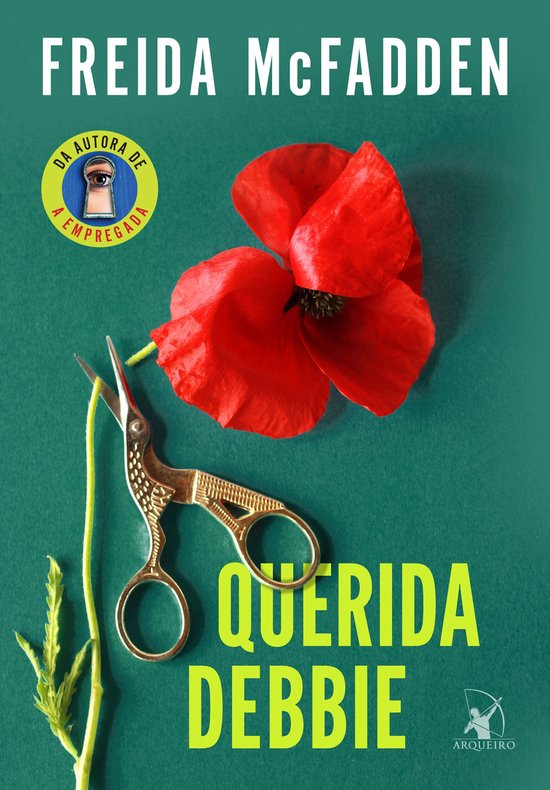 Boekomslag van 'Querida Debbie' met een rode klaproos, schaar en takje op een groene achtergrond.