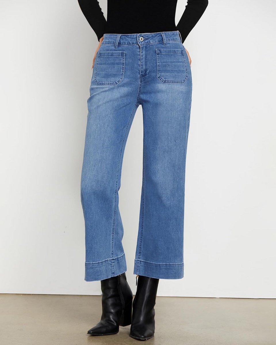 Damesjeans met brede pijpen, hoge taille, flared en baggy stretchy stijl