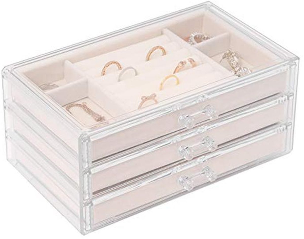 Sieradendoosje voor dames met 3 laden – Fluwelen sieradenorganizer voor oorbellen, armbanden, kettingen en ringen