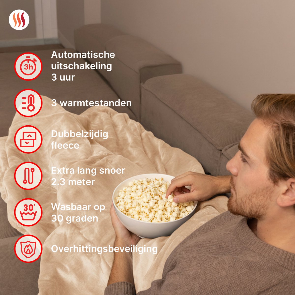 Seranova Elektrische Deken - 160x120 cm - 1 Persoons Warmtedeken - Dubbelzijdig Fleece - Knuffeldeken - Beige – foto 4