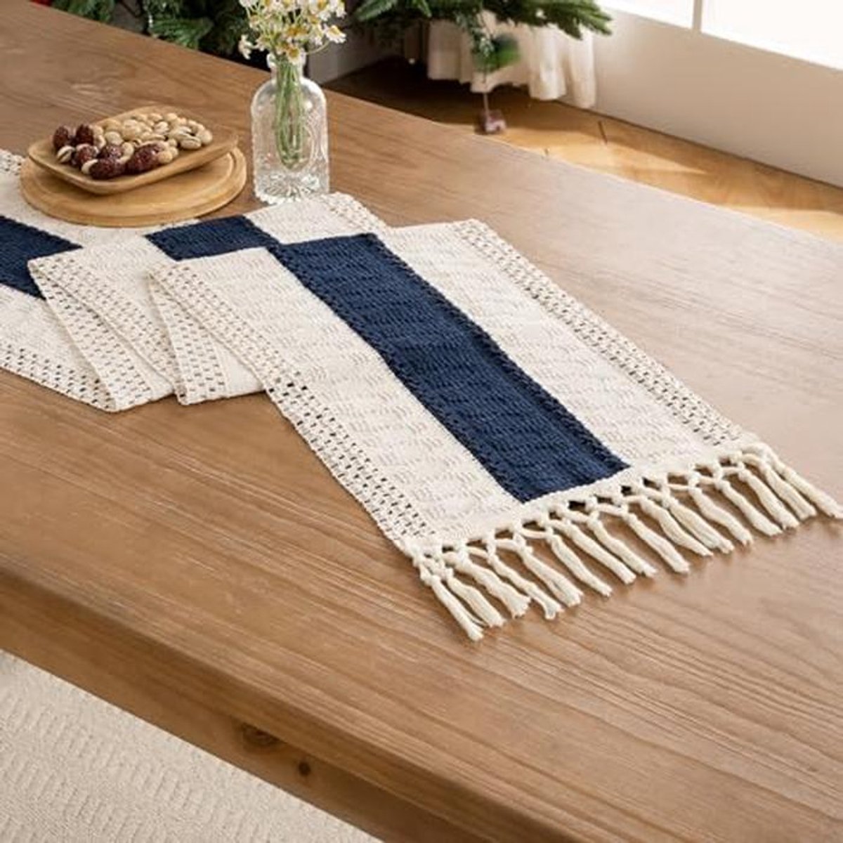 Boho Macrame Tafelkleed 30x180cm Donkerblauw met Geweven Fosses voor Woondecoratie