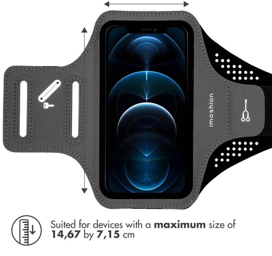 Grijze sportarmband plat neergelegd, met een telefoon met blauwe achtergrond in het midden. Aan de linkerkant een vak met sleutel-icoon.
