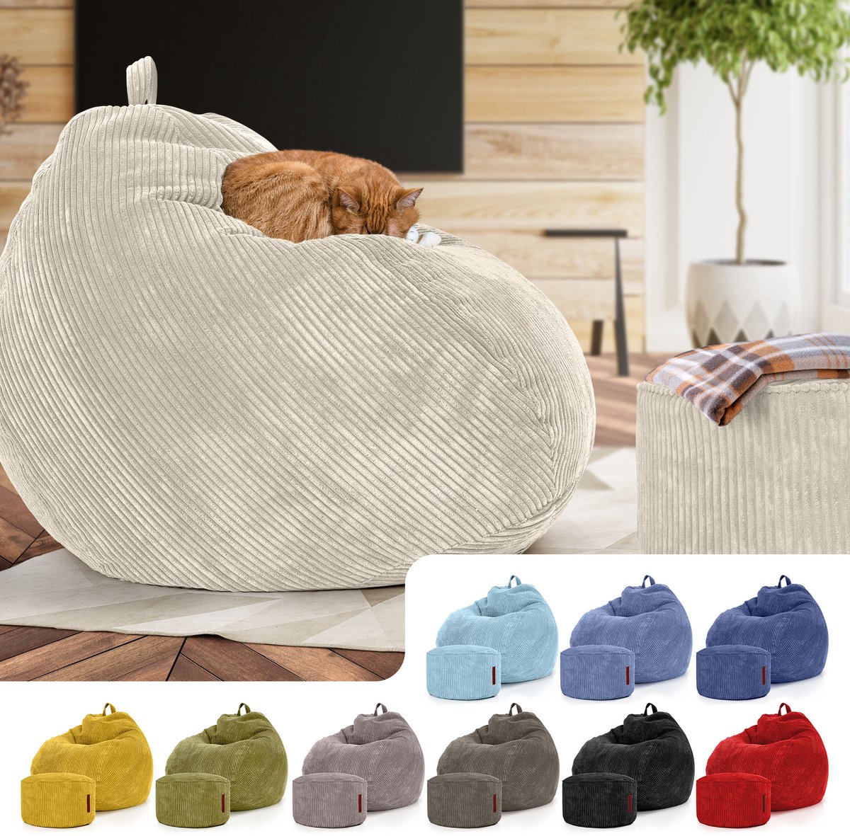 Green Bean® XXL Zitzak "Scoop" voor binnen + poef met EPS-korrelvulling - Voetenbank Voetkussen Kruk Vloerkussen Ligstoelkussen Zitkussen Loungestoel - Beige