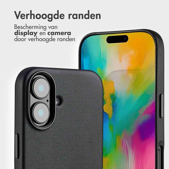 Zwarte lederen case met verhoogde randen voor bescherming van scherm en camera.