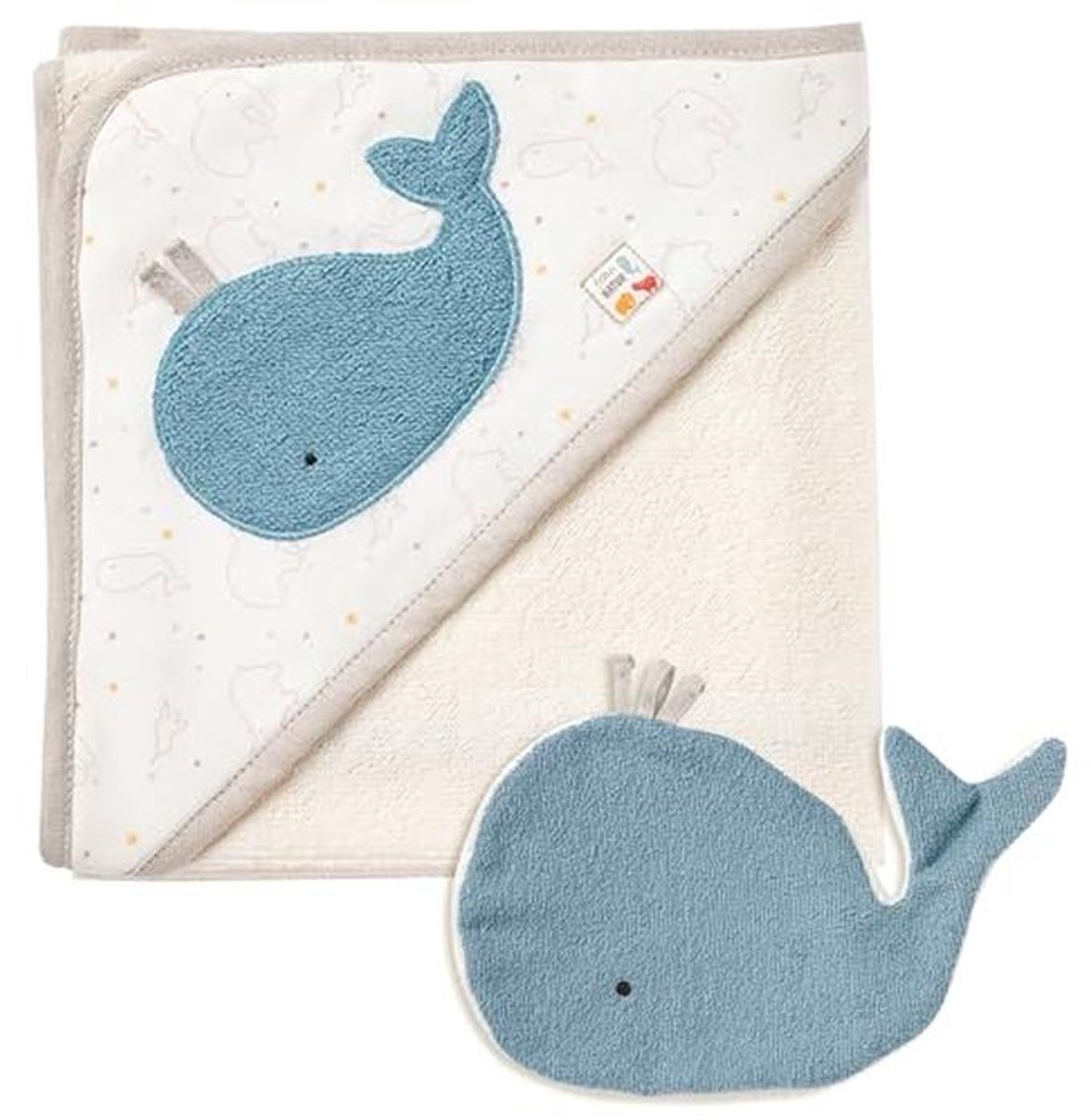 Bade-Set Wal – Kapuzenhanddoek en Waschlappen van 100% Bio-Baumwolle voor Baby's en Kleinkinderen